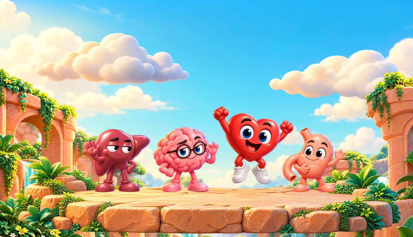 Liver, Brain, Heart and Gut celebrating on a sunny stone stage among arches and waterfalls