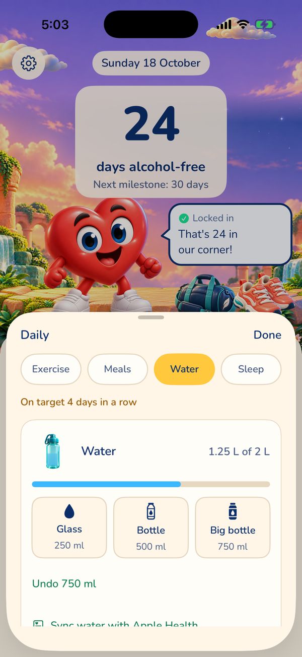 The Water sheet: 1.25 of 2 litres, on target 4 days in a row, with Glass, Bottle and Big bottle buttons