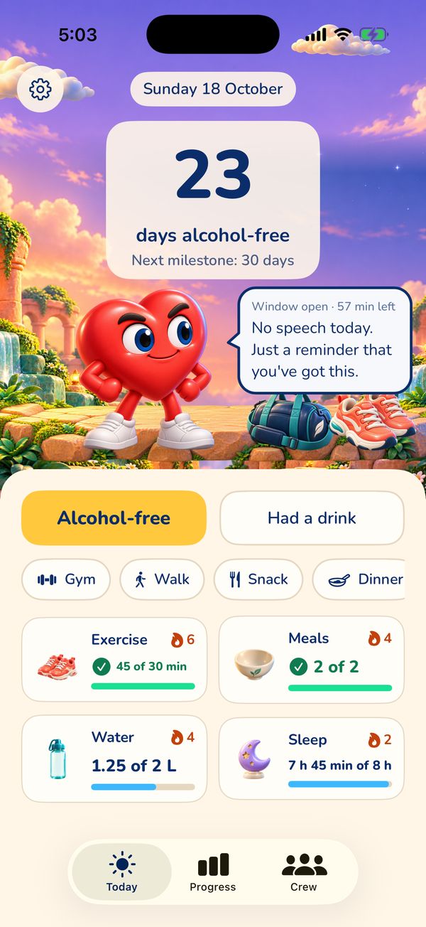 Today in the evening: 23 days alcohol-free, Heart beside the open window with Alcohol-free and Had a drink buttons